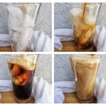 Das Bild ist in 4 Teile geteilt und zeigt die Entstehung eines Iced Coffees in einzelnen Schritten